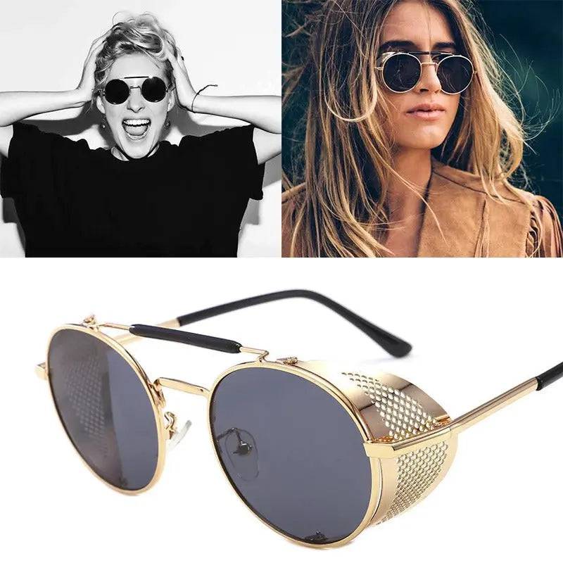 Vintage Retro Steampunk Round Metal Sunglasses With Side Shields – UV400 Polycarbonate Lenses