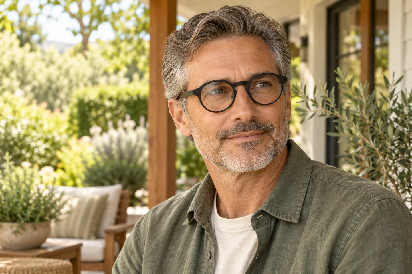 Man wearing round-frame glasses on a sunlit porch
