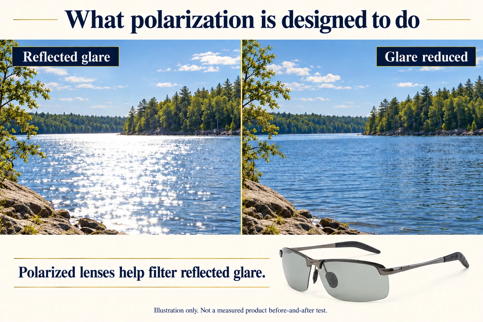 Illustration of reflected glare on a lake and reduced glare with polarization. This is not a measured Day-Night Sunglasses before-and-after test.