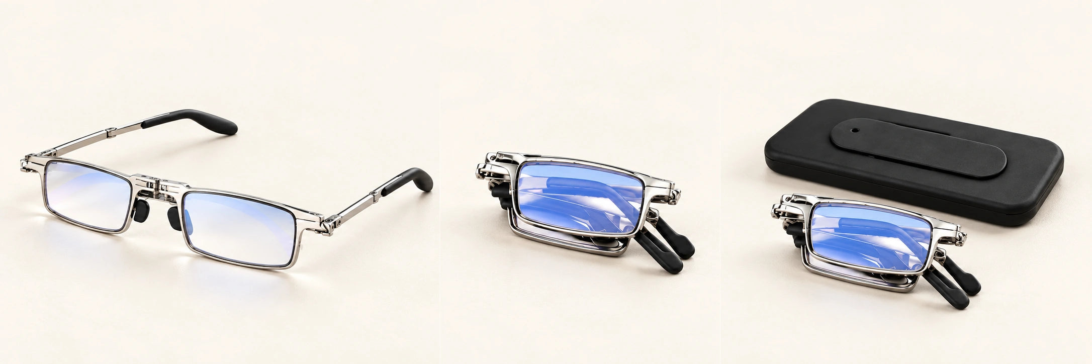 First panel: opened silver reading glasses