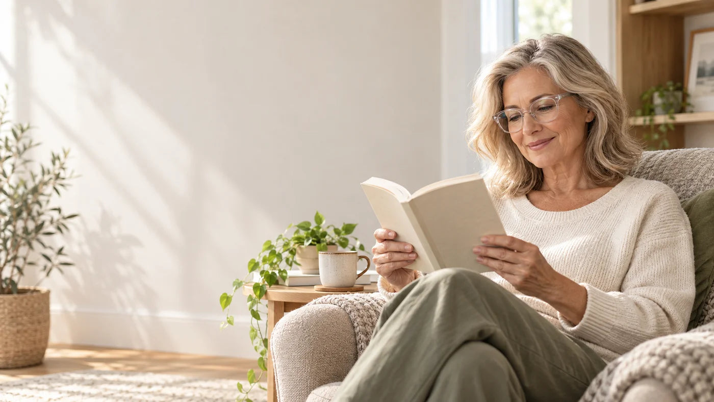 Woman reading in a sunlit living room