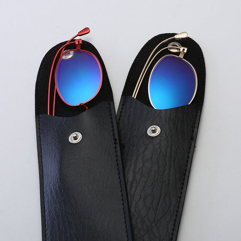 Supplier reference of red and gold glasses in slim black soft snap sleeves