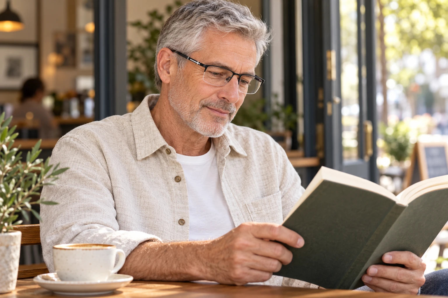 Generated lifestyle visualization of an adult silver-haired man wearing the Black frame while reading at a cafe
