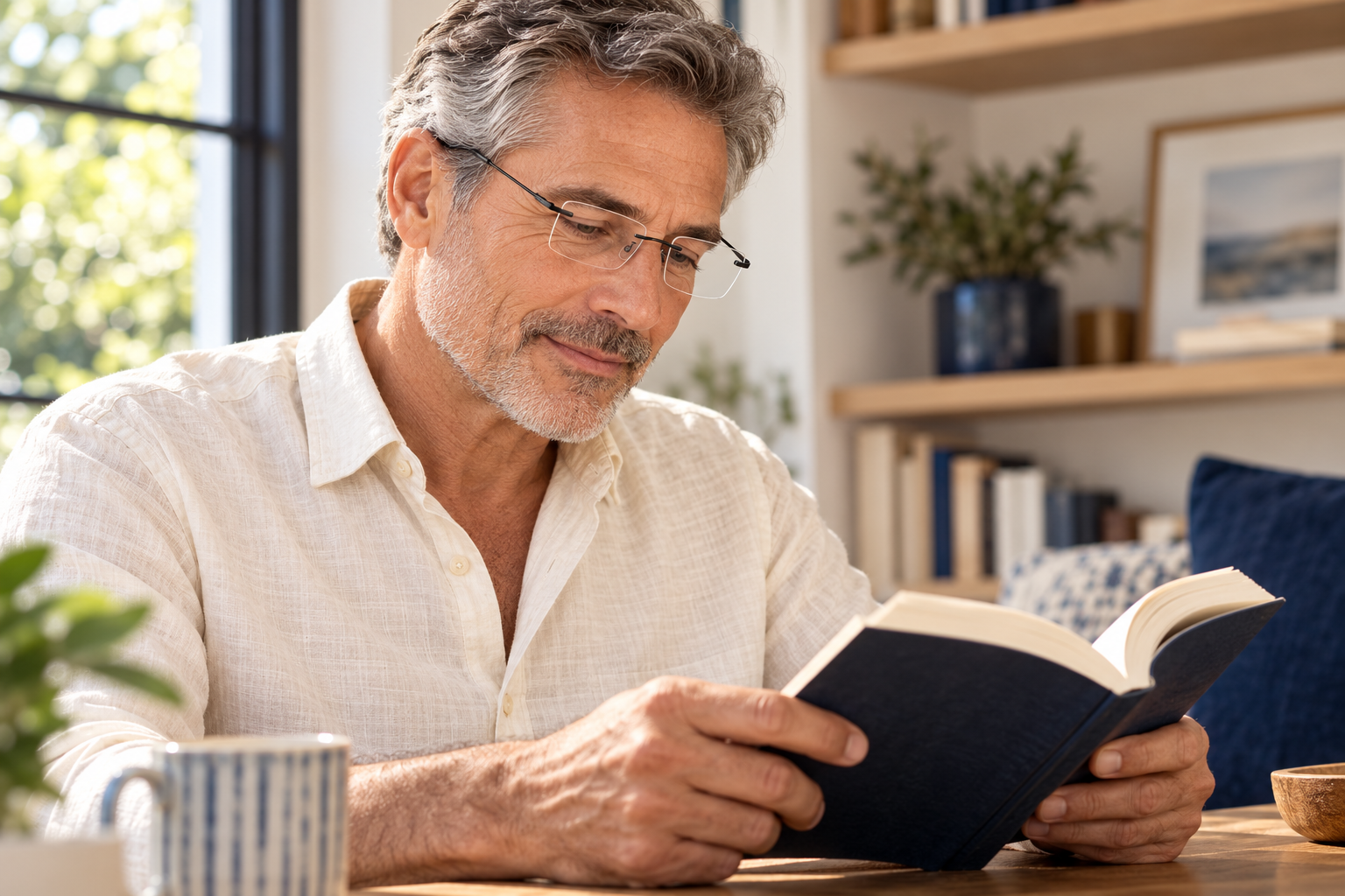 Illustrative adult man wearing rimless glasses while reading a book at home
