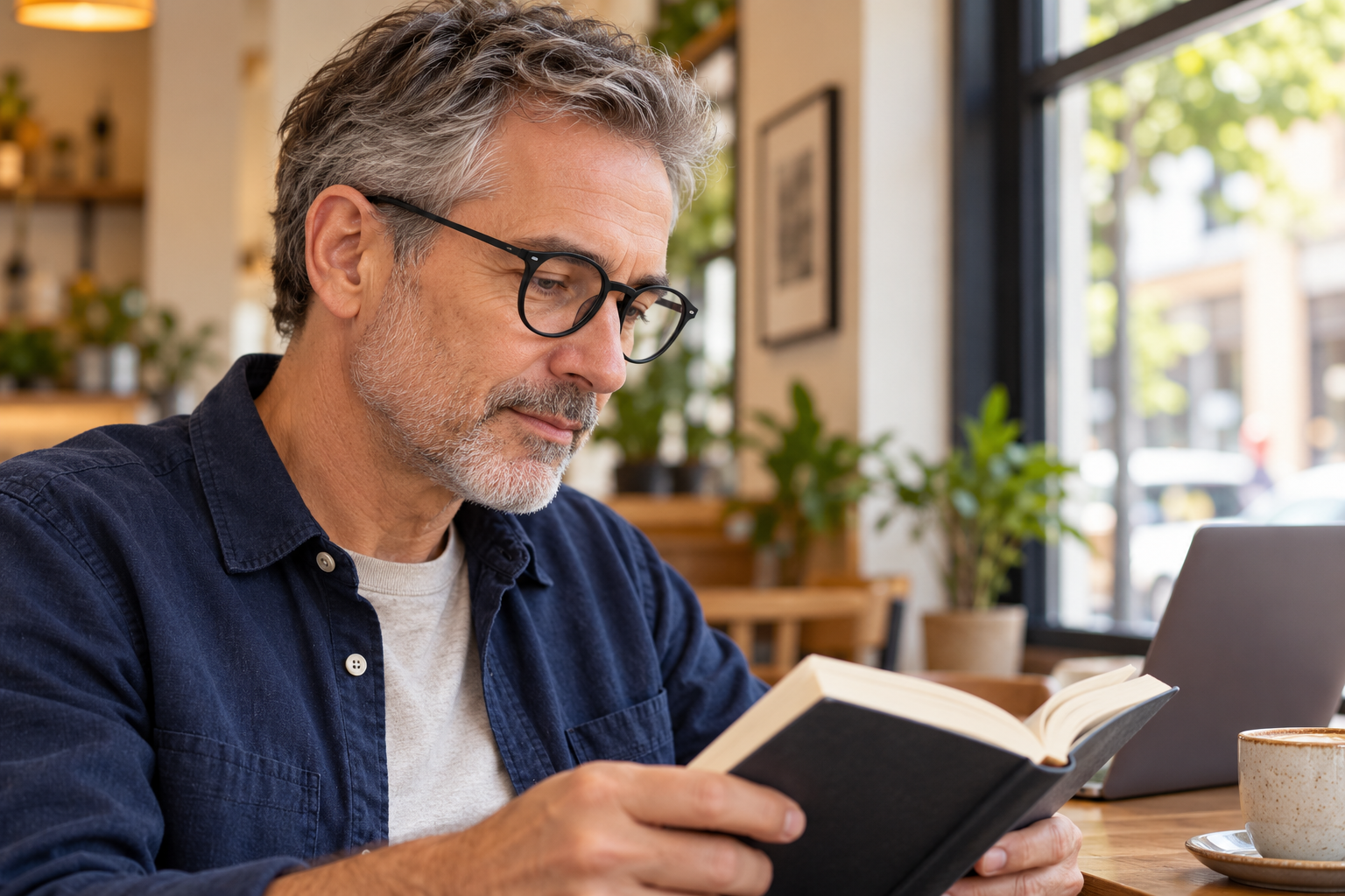 Illustrative adult man wearing round readers with thin titanium-alloy temples while reading by a cafe window