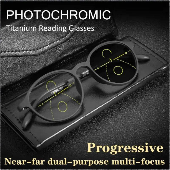 Original product photo showing photochromic lenses and progressive lens markings on round reading glasses