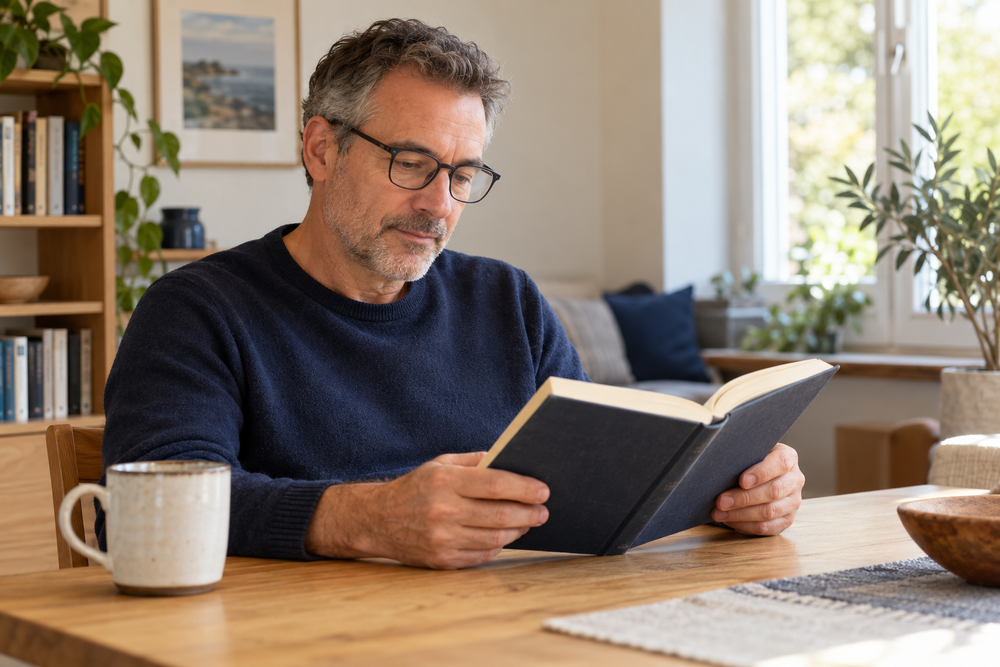 An adult wearing glasses reads an open book at a table by a window.