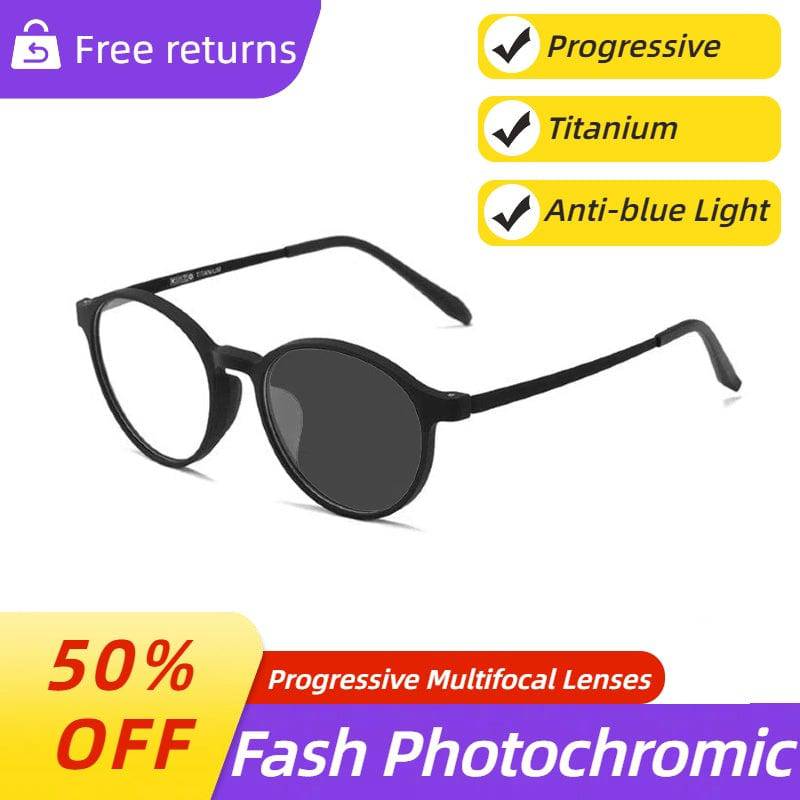 Ultra-light Titanium Transitional Anti-blue Photochromic Progressive Multifocal Round Frame Reading Glasses - SunRay Glasses