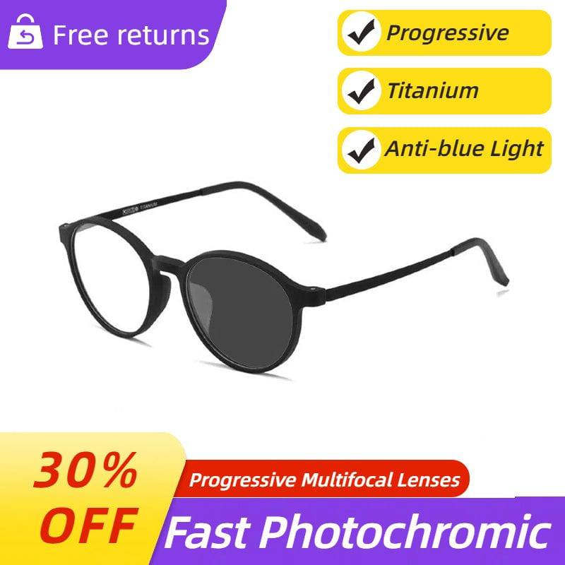 Ultra-light Titanium Transitional Anti-blue Photochromic Progressive Multifocal Round Frame Reading Glasses - SunRay Glasses