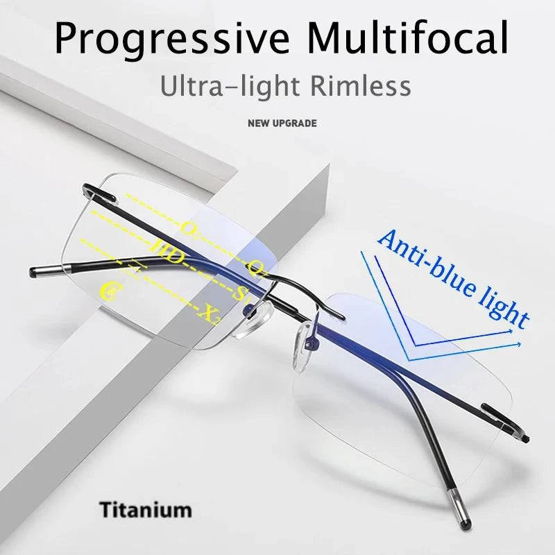 Ultra-light Anti-blue light Progressive Multifocal Memory Titanium Rimless Reading Glasses - SunRay Glasses