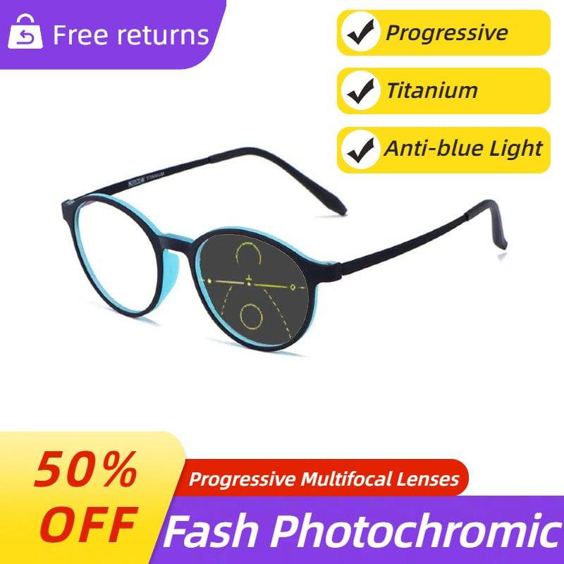 Ultra-light Titanium Transitional Anti-blue Photochromic Progressive Multifocal Round Frame Reading Glasses - SunRay Glasses