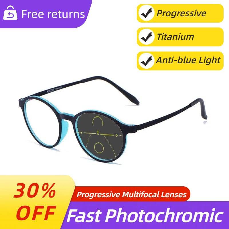 Ultra-light Titanium Transitional Anti-blue Photochromic Progressive Multifocal Round Frame Reading Glasses - SunRay Glasses