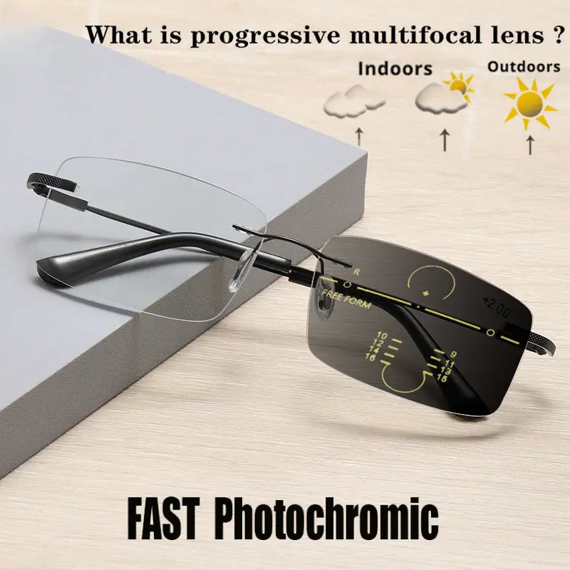 Ultra-light Anti-Blue Light Rimless Automatic Photochromic Multi-focal Reading Glasses SunRay Glasses