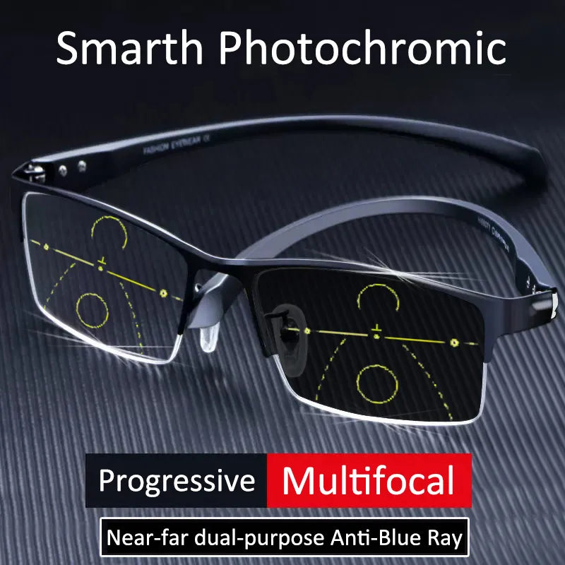 Automatic Adjustment Half-Frame Photochromic Progressive Multi-focus Anti-Blue Light Reading Glasses