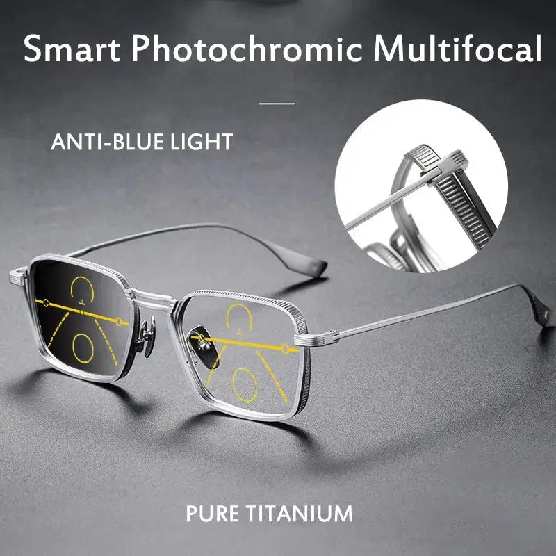 Luxury Titanium Photochromic Multifocal Anti-Blue Light Progressive Reading Glasses SunRay Glasses