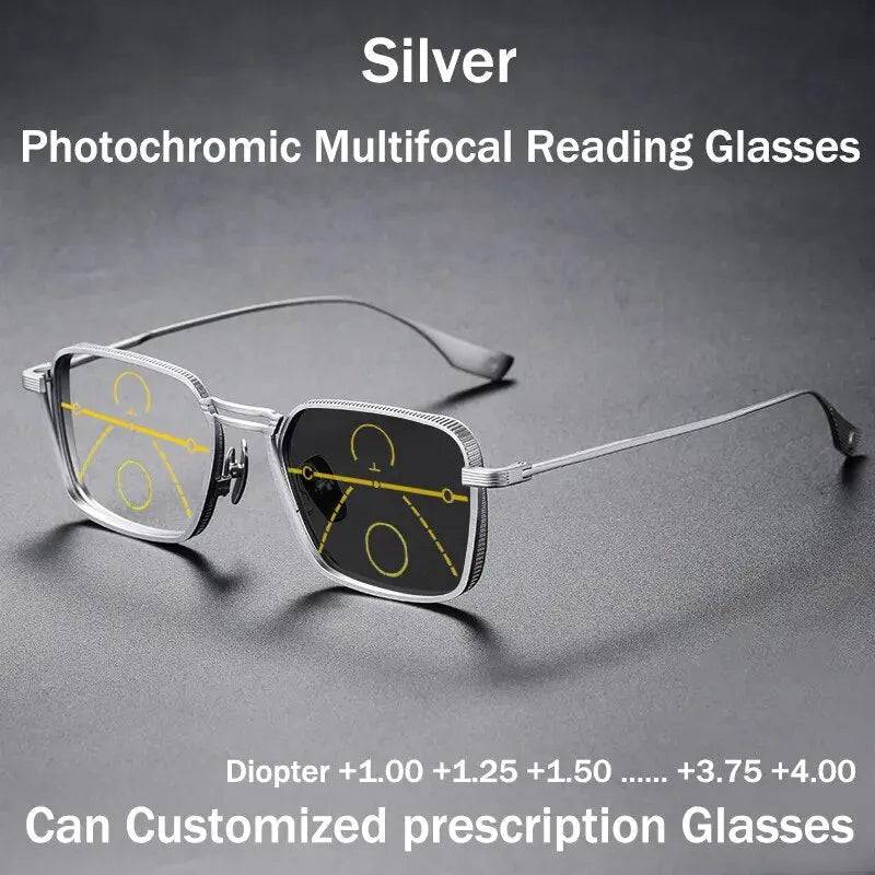 Luxury Titanium Photochromic Multifocal Anti-Blue Light Progressive Reading Glasses SunRay Glasses