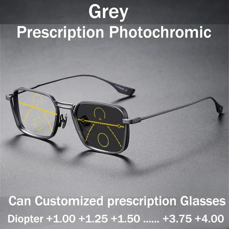 Luxury Titanium Photochromic Multifocal Anti-Blue Light Progressive Reading Glasses SunRay Glasses