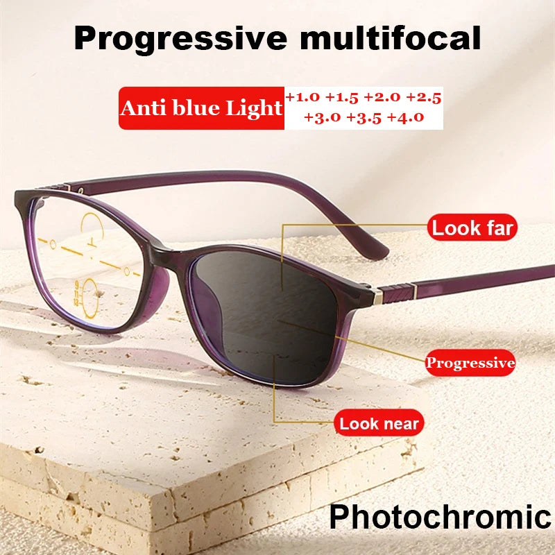Anti-Blue Light Multifocal Progressive Photochromic Reading Glasses