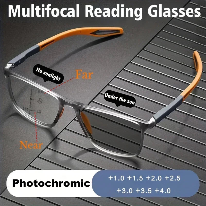 Photochromic TR90 Anti-blue Light Multifocal Progressive Sports Reading Glasses