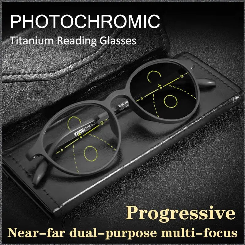 Ultra-light Titanium Transitional Anti-blue Photochromic Progressive Multifocal Round Frame Reading Glasses SunRay Glasses