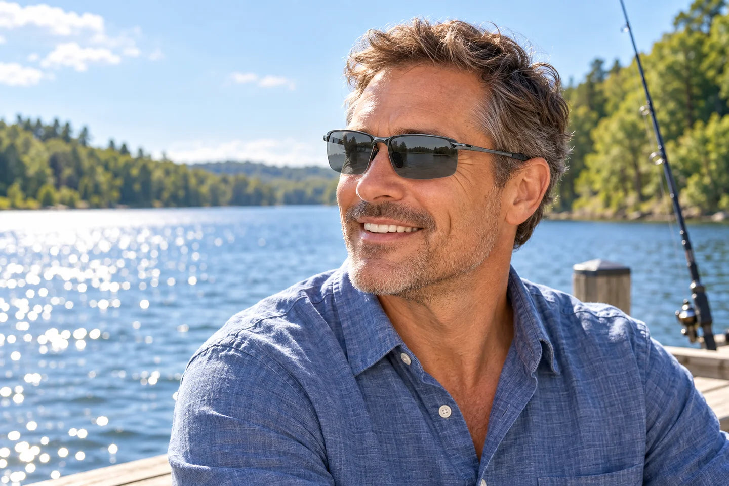 Gray polarized sunglasses worn by the lake
