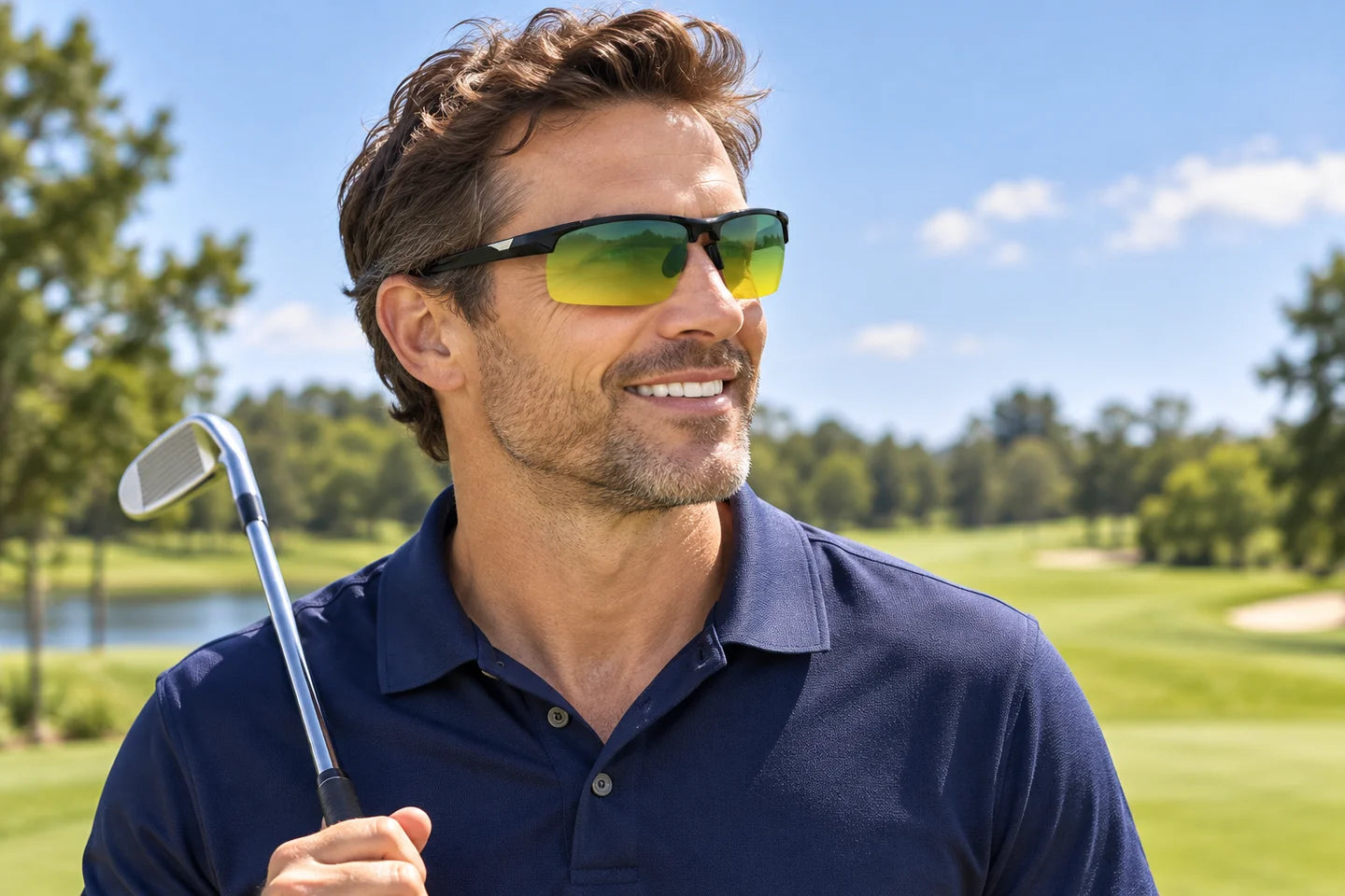 Adult man wearing NH1 black gradient-lens sunglasses on a golf course