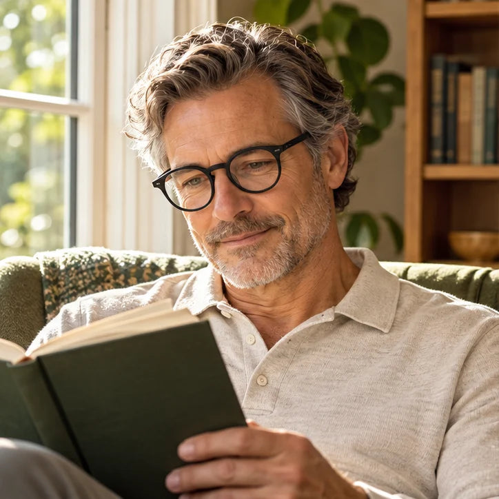 Man reading a book wearing round-frame glasses