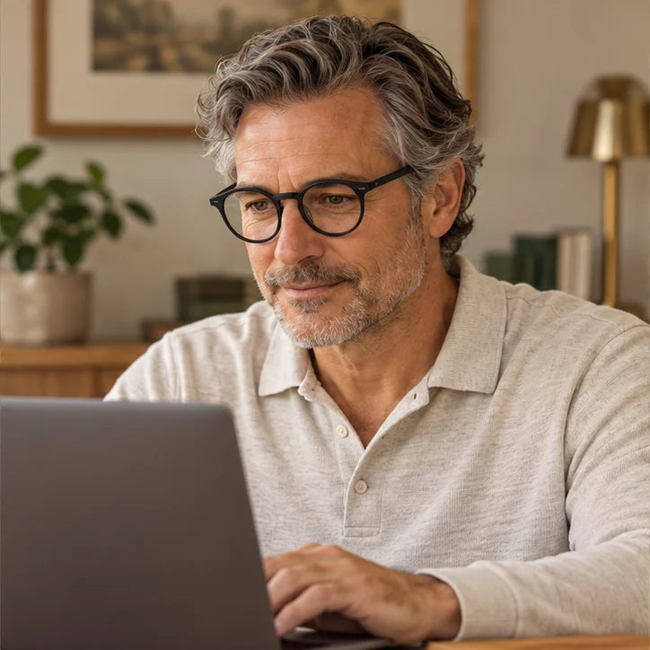 Man using a laptop wearing round-frame glasses