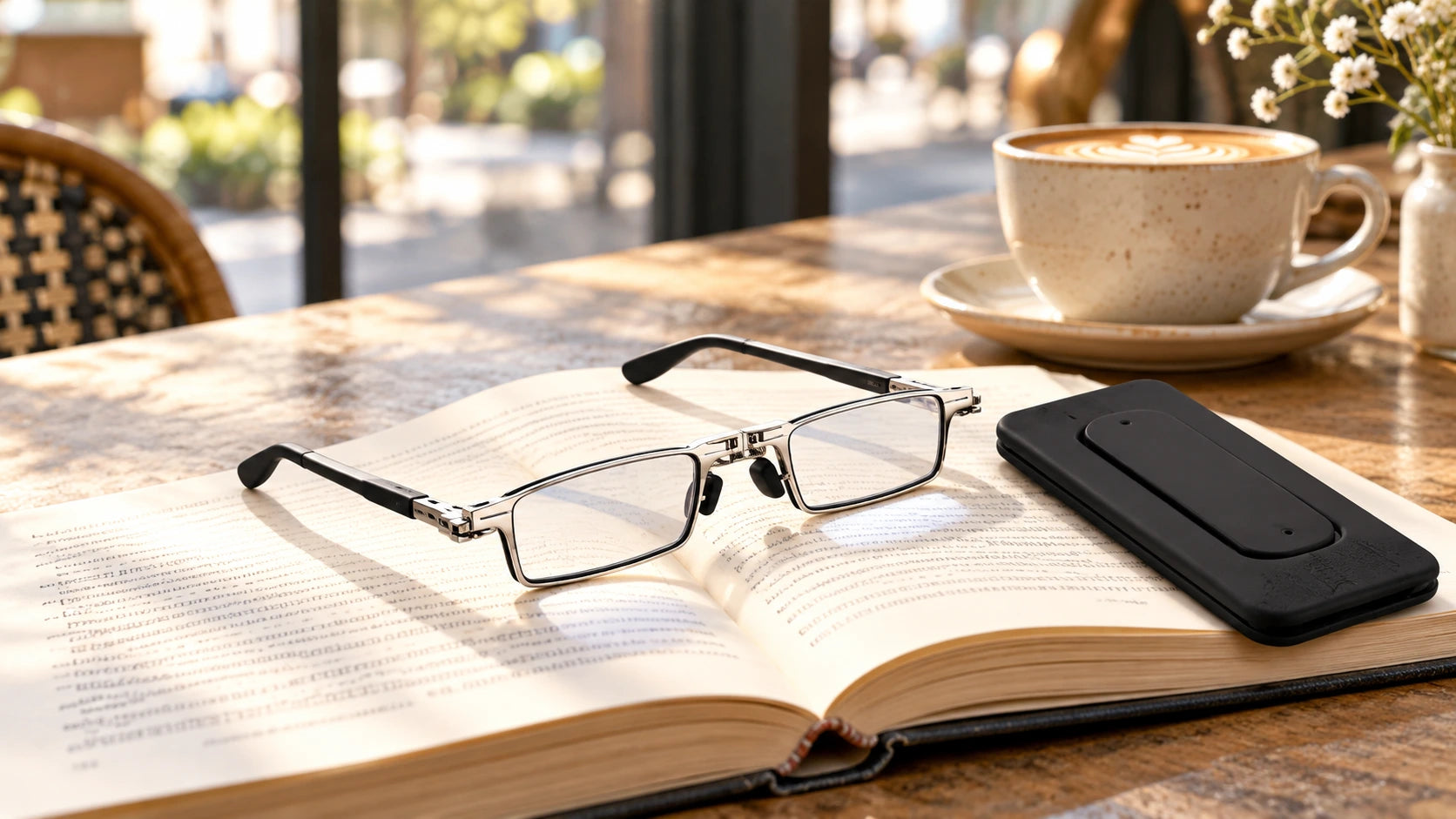 Silver readers on an open book beside a compact black carrying attachment