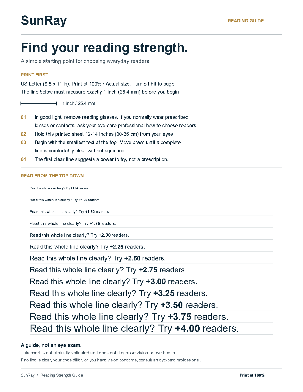 Preview of the one-page SunRay reading strength chart