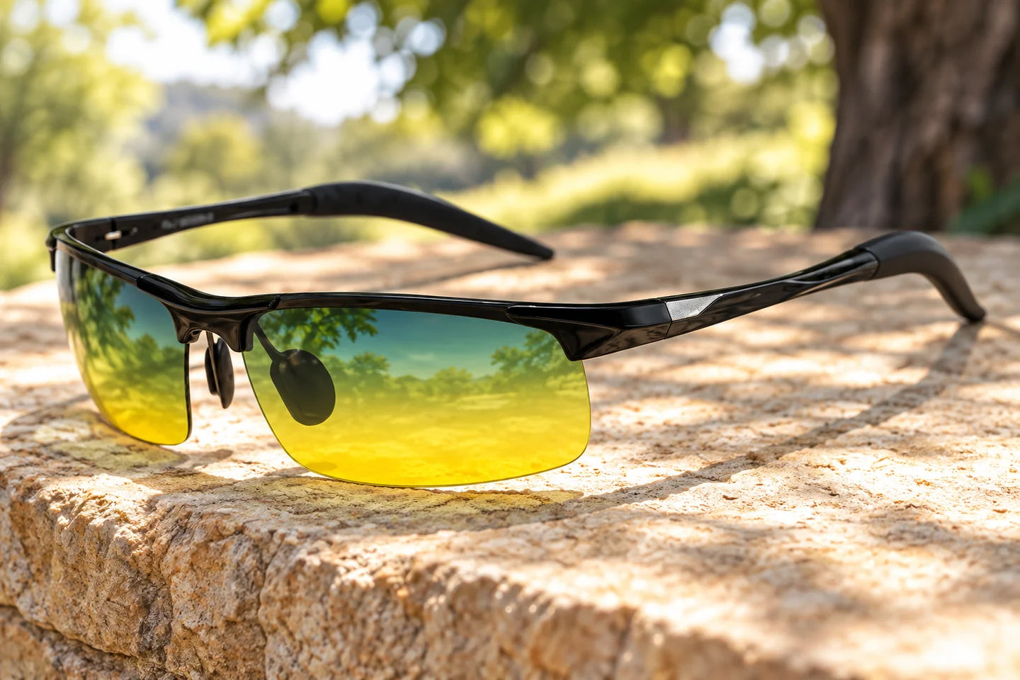 Day-Night Sunglasses black photochromic option on a stone ledge between sunlight and tree shade