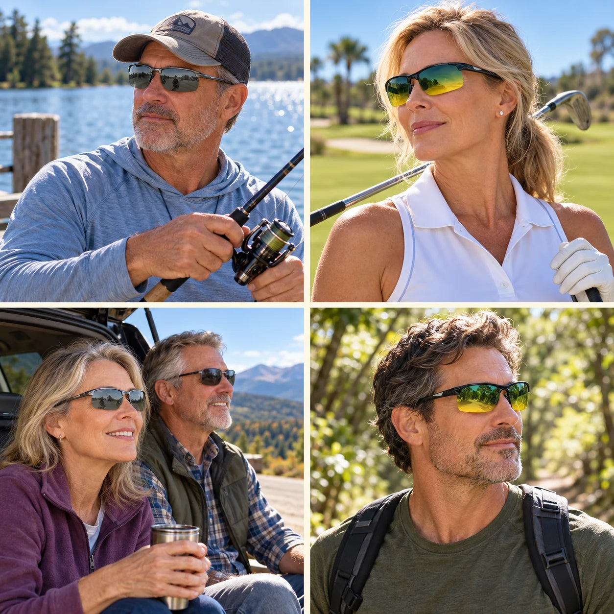 Adults wearing Day-Night Sunglasses sunglasses while fishing, playing golf, resting beside a parked car and walking on a daytime trail