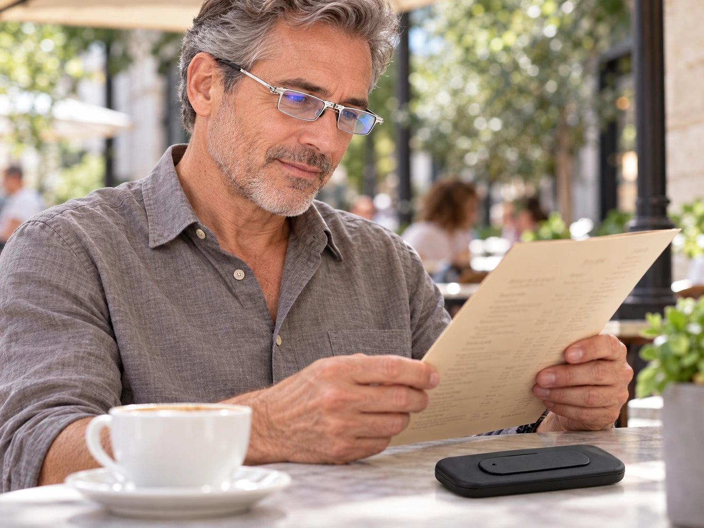 An adult man wearing thin silver rectangular readers to read a cafe menu